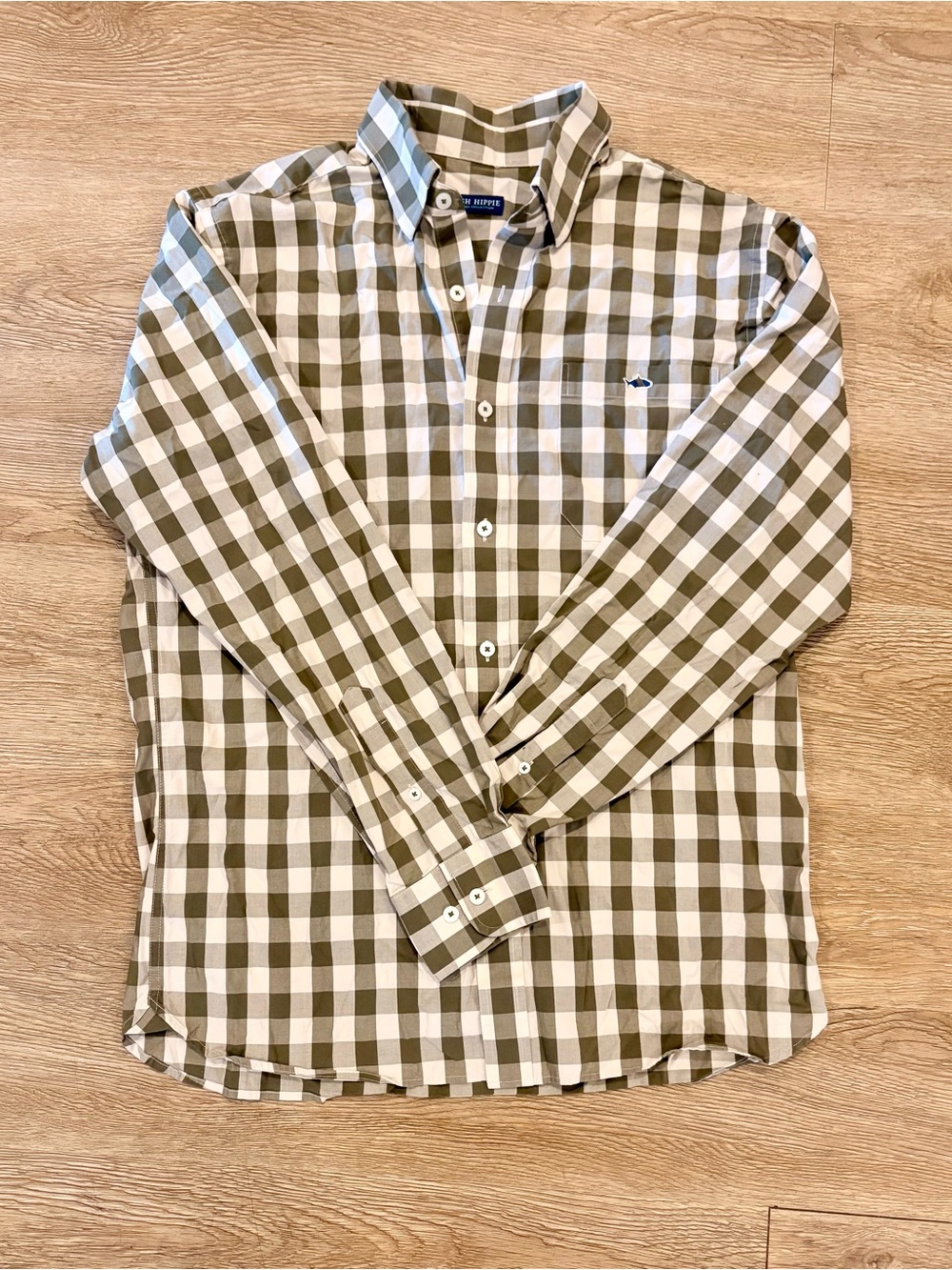 Fish Hippie Button-Down Check Shirt in Olive and White
